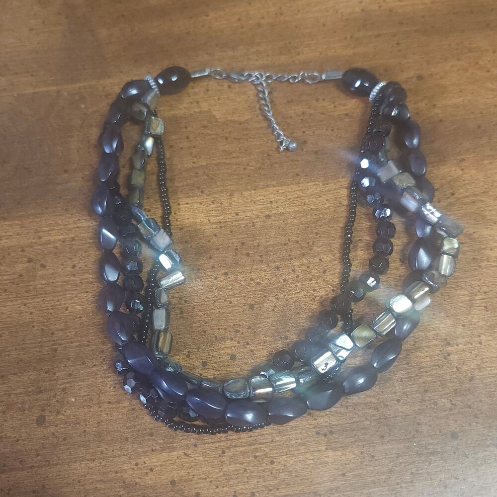 Black Purple Multi Strand Beaded Statement Necklace Shell Accent Collar Choker